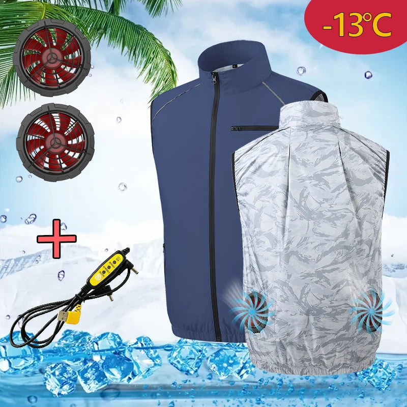 Summer Cooling Fan Workwear, Unisex Short-Sleeve Outdoor Sun Protection Cooling Vest with Built-in Fans