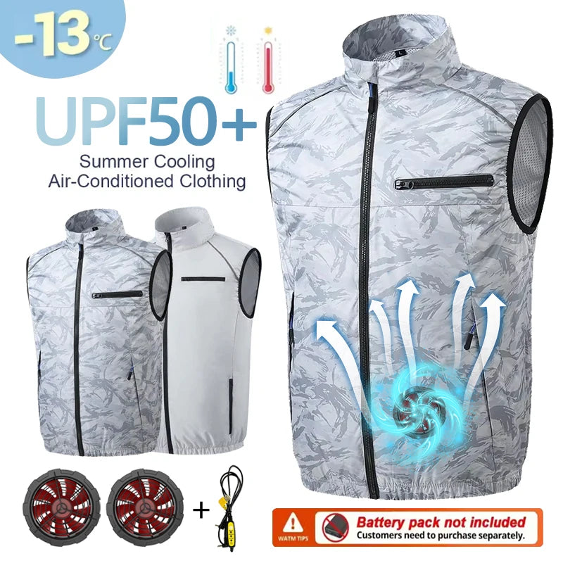 Summer Cooling Fan Workwear, Unisex Short-Sleeve Outdoor Sun Protection Cooling Vest with Built-in Fans
