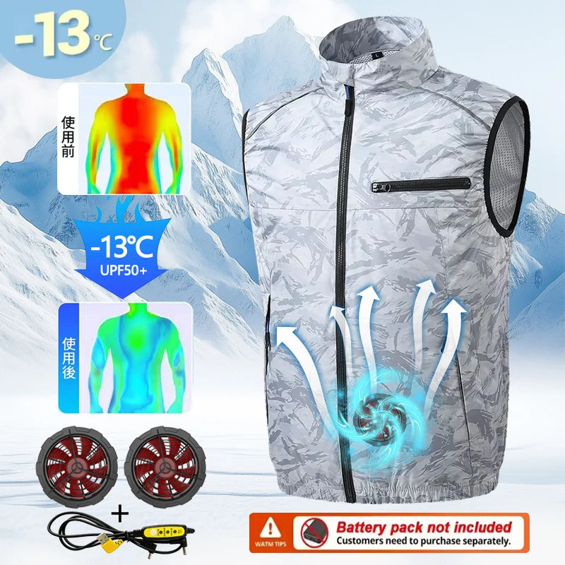 Summer Cooling Fan Workwear, Unisex Short-Sleeve Outdoor Sun Protection Cooling Vest with Built-in Fans