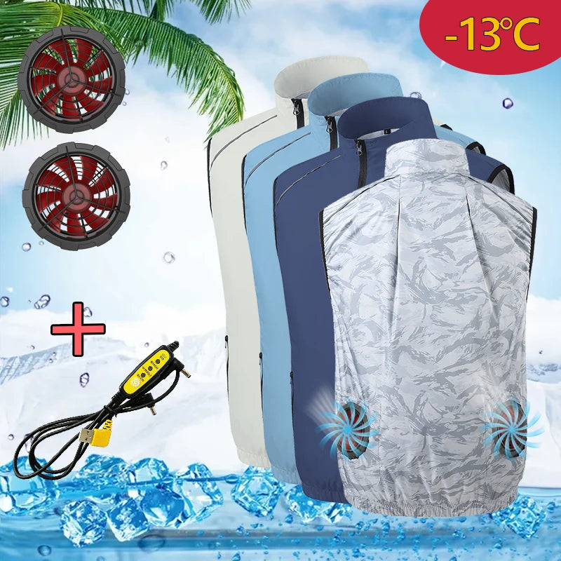 Summer Cooling Fan Workwear, Unisex Short-Sleeve Outdoor Sun Protection Cooling Vest with Built-in Fans