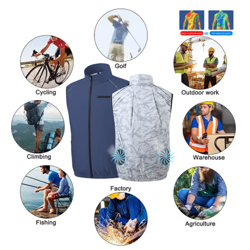 Summer Cooling Fan Workwear, Unisex Short-Sleeve Outdoor Sun Protection Cooling Vest with Built-in Fans
